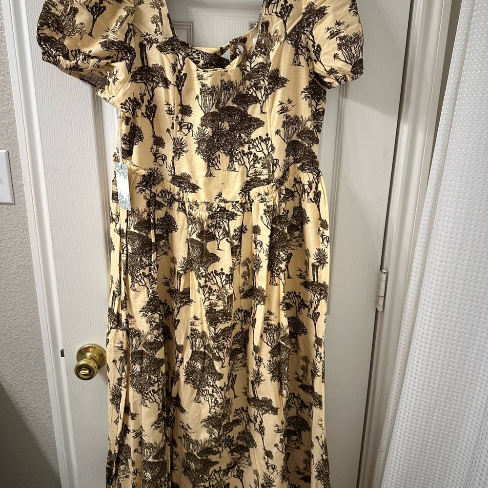 Beige Midi Dress with Brown Toile Print